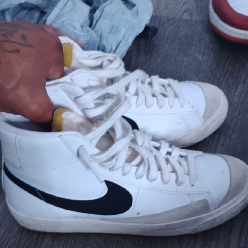 White High-Top Sneakers with Black Swoosh